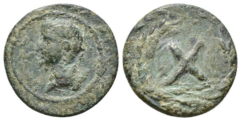 2373   -  IMPERIO ROMANO. TIBERIO. Tésera anónima (c. 14-37 d.C.). A/ Cabeza laureada a izq. Dentro de gráfila lineal y láurea poco visible. R/ X dentro de láurea. AE 4,34 g. 20,7 mm. Buttrey-16? (var. X rev.). Trazas de limpieza mecánica. BC-/MBC-.