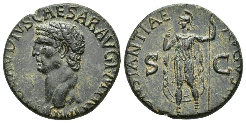 2375   -  IMPERIO ROMANO. CLAUDIO I. As. Roma (41-50). A/ TI CLAVDIVS CAESAR AVG PM TR P IMP. R/ Constancia a izq. en traje militar con lanza. CONSTANTIAE-AVGVSTI; en campo S-C. Pátina verde. AE 10,56 g. 26,6 mm. RIC-95. Pátina verde. MBC+.