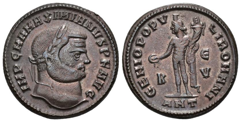 2399   -  IMPERIO ROMANO. MAXIMIANO. Follis. Antioquía (300-301). A/ Cabeza laureada a der.; IMP C MA MAXIMIANVS P F AVG. R/ Genio a izq. con pátera y cornucopia; GENIO POPVLI ROMANI. K/I/V//ANT. AE 10,98 g. 25,1 mm. RIC-54b. MBC+.