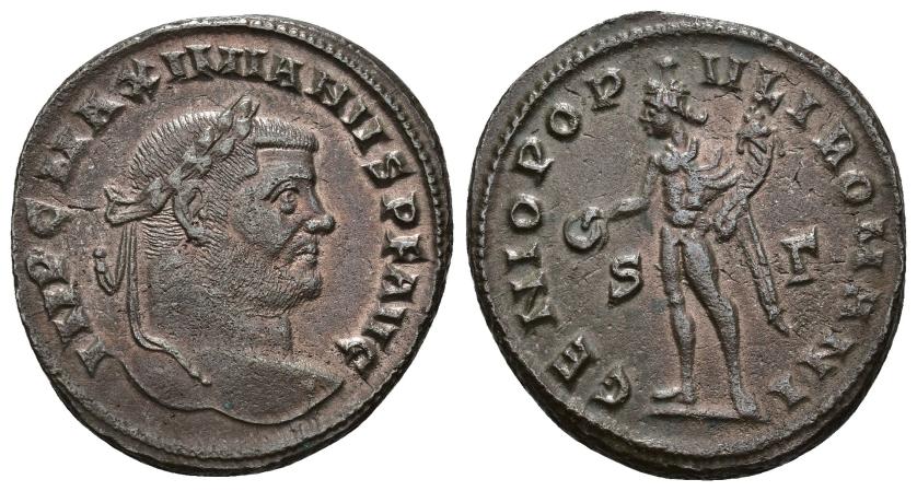 2402   -  IMPERIO ROMANO. MAXIMIANO. Follis. Siscia (294). A/ Cabeza laureada a der.; IMP C MAXIMIANVS P F AVG. R/ Genio a izq. con pátera y cornucopia; GENIO POPVLI ROMANI. S/G//-. AE 10,58 g. 27,8 mm. RIC-79b. R.B.O. MBC+.