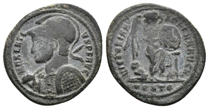 2415   -  IMPERIO ROMANO. MAJENCIO. Follis. Ostia (309-312). A/ Busto con casco y acorazado a izq., con escudo y lanza; MAXENTIVS P F AVG. R/ Victoria a der. con escudo apoyado sobre columna; VICTORIA AETERNA AVG N; -/-//MOSTQ. AE 3,45 g. 22,2 mm. RIC-61. BC+. Muy escasa.