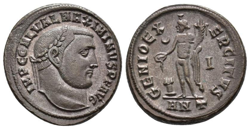 2416   -  IMPERIO ROMANO. MAXIMINO. Follis. Antioquía (310-311). A/ Cabeza laureada a der.; IMP C GAL VAL MAXIMINVS P F AVG. R/ Genio a izq. con pátera y cornucopia; GENIO EXERCITVS. V/(altar)//ANT. AE 8,25 g. 24,4 mm. RIC-147c. R.B.O. EBC-/MBC+.