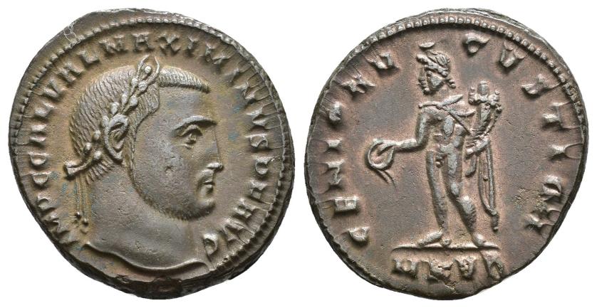 2418   -  IMPERIO ROMANO. MAXIMINO. Follis. Cyzicus (311). A/ Cabeza laureada a der.; IMP C GAL VAL MAXIMINVS P F AVG. R/ Genio a izq. con pátera y cornucopia; GENIO AVGVSTI CMH. -/-//MKVA. AE 6,86 g. 24,2 mm. RIC-77a. Pequeñas marcas. R.B.O. EBC-.