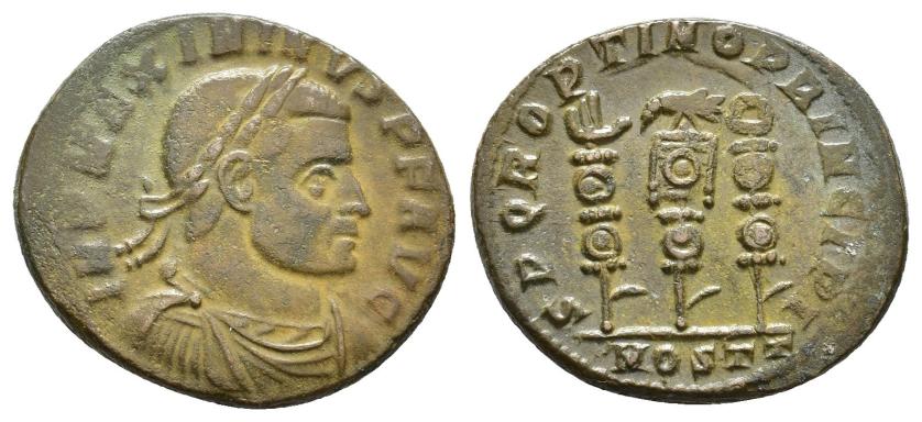 2420   -  IMPERIO ROMANO. MAXIMINO. Follis. Ostia (312-313). A/ Busto laureado, drapeado y acorazado a der.; IMP MAXIMINVS P F AVG. R/ Aquila entre dos vexilla; SPQR OPTIMO PRINCIPI. -//MOSTT. AE 4,29 g. 21,6 mm. RIC-95a. MBC.