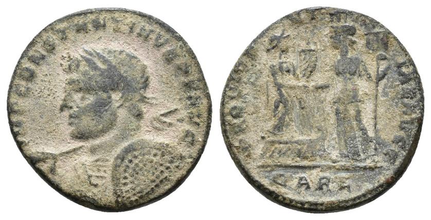 2424   -  IMPERIO ROMANO. CONSTANTINO. Follis. Arelate (313-315). A/ Busto laureado, con coraza, lanza y escudo; IMP CONSTANTINVS P F AVG. R/ Figura femenina con cornucopia sobre proa, recibida por la personificación de Arelate con estandarte; PROVIDENTIAE AVGG. -/-//PARL. AE 3,36 g. 19,8 mm. RIC-31. BC+. Rara.