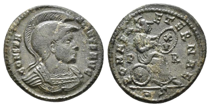 2427   -  IMPERIO ROMANO. CONSTANTINO. Follis. Roma (318-319). A/ Busto con casco y coraza a der.; CONSTANTINVS AVG. R/ Roma sentada a der. sosteniendo escudo con X/V; ROMA AETERNAE. P/R//RS. AE 3,4 g. 19,2 mm. RIC-146. MBC+.