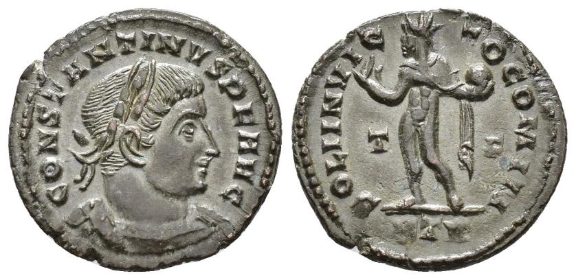 2430   -  IMPERIO ROMANO. CONSTANTINO. Follis. Treveris (310-313). A/ Busto laureado y acorazado a der.; CONSTANTINVS P F AVG. R/ Sol a izq.; SOLI INVICTO. T/F//PTR. AE 3,25 g. 20,9 mm. RIC-873. EBC.