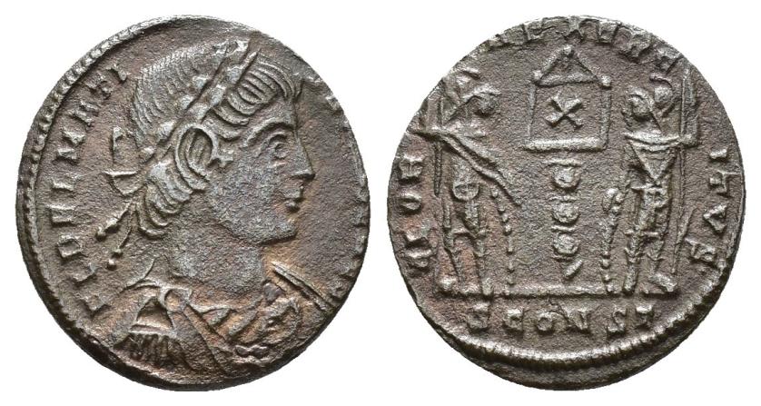 2431   -  IMPERIO ROMANO. DALMACIO. Follis. Arelate (336-337). A/ Busto laureado, drapeado y acorazado a der.; FL DELMATI-(VS NOB CAES). R/ Dos soldados flanqueando estandarte; GLORIA EXERCITVS. X//SCONST. AE 1,47 g. 16 mm. RIC-406. MBC+.