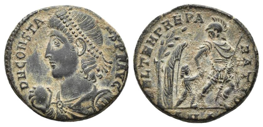 2432   -  IMPERIO ROMANO. CONSTANTE. Follis. ¿Heraclea? (348-351). A/ Busto diademado, drapeado y acorazado a izq. con globo en der.; D N CONSTANS P F AVG. R/ Soldado avanzando a der. guiando a figura desde cabaña bajo un árbol; FEL TEMP REPARATIO, marca de ceca poco legible. AE 4,13 g. 20,1 mm. RIC-¿? MBC+.