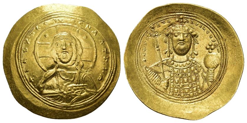 2444   -  IMPERIO BIZANTINO. CONSTANTINO IX. Histamenon nomisma. Constantinopolis (1042-1055). A/ Busto nimbado de Cristo con los Evangelios. R/ Busto frontal del emperador con cruz y globo crucífero. AU 4,40 g. 27,3 mm. SBB-1830. EBC/EBC-.