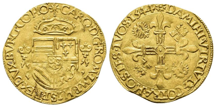 2483   -  CARLOS V. Corona del sol. 1544. Dordrecht. AU 3,35 g. 26,2 mm. DEL-G763; Vanhoudt-223.DO. EBC-. Escasa.