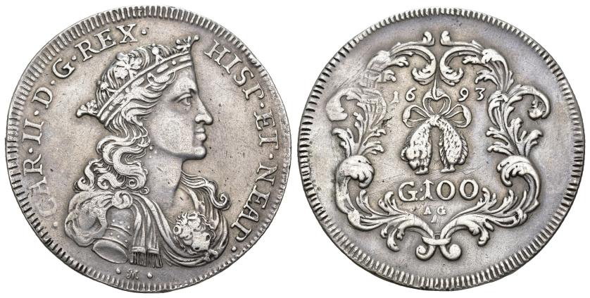 2502   -  CARLOS II. Ducado. 100 grana. 1693. Nápoles. R/ AG/A. AR 21,56 g. 38,3 mm. MIR-294; DAV-4047. Rayitas en rev. MBC.