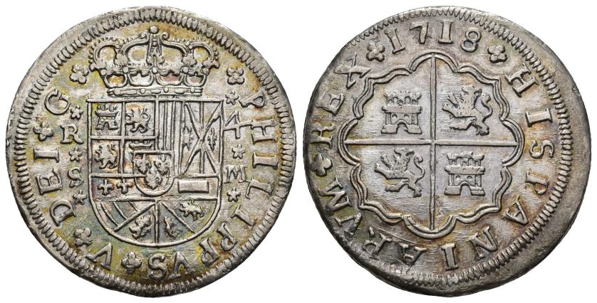 2505   -  FELIPE V. 4 reales. 1718. Sevilla. M. Cuarteles cambiados. Borgoña y Austria. AR 11,69 g. 34,5 mm. VI-977. Muy escasa en esta conservación. EBC/EBC-. 