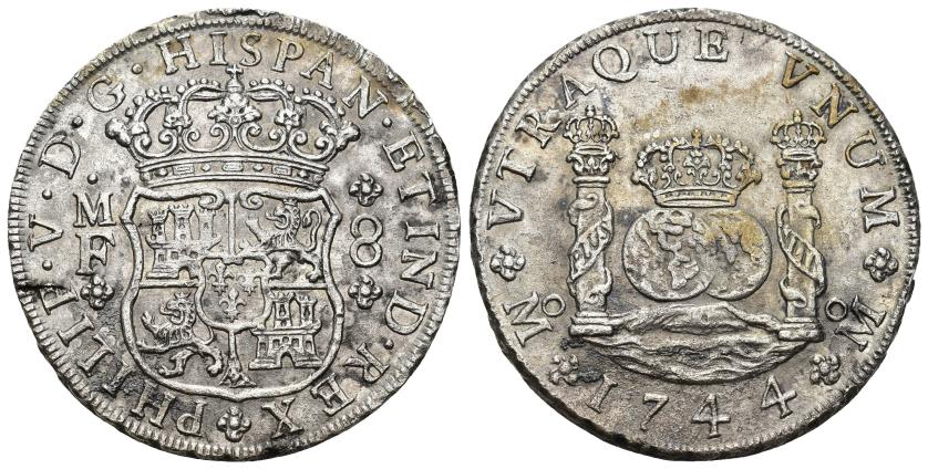 2507   -  FELIPE V. 8 reales. 1744. México. MF. AR 26,6 g. 39,2 mm. VI-1152. Oxidaciones marinas. MBC+.