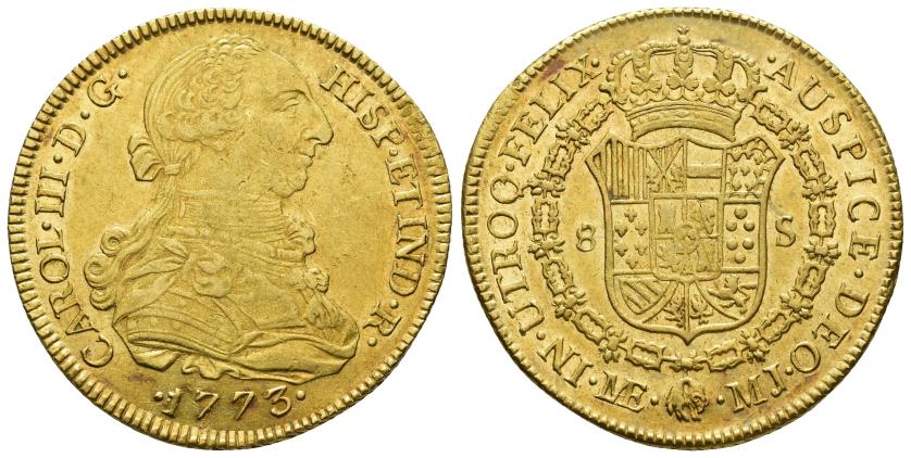 2515   -  CARLOS III. 8 escudos. 1773. Lima. MJ. AU 26,99 g. 37,9 mm. VI-1599. Rayita de acuñación en rev. R.B.O. MBC+.