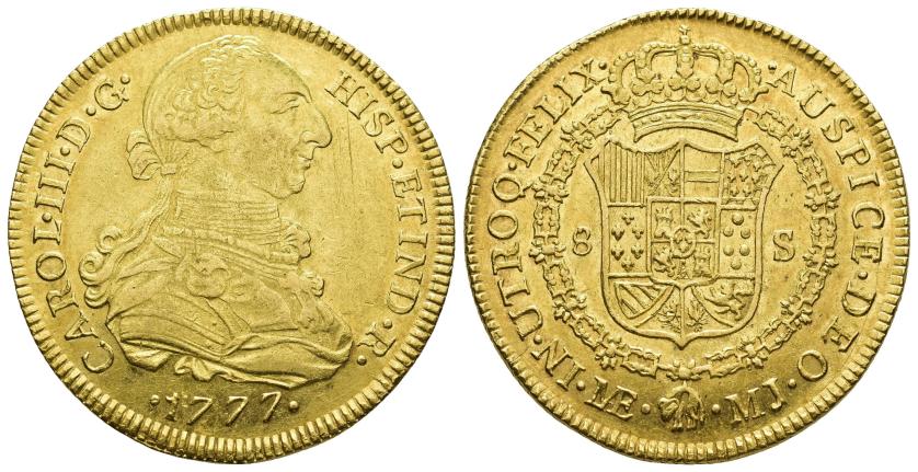 2517   -  CARLOS III. 8 escudos. 1777. Lima. MJ. AU 27,04 g. 38,6 mm. VI-1604. Finas rayitas. R.B.O. MBC+/EBC-. Rara. 