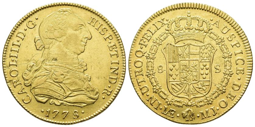 2518   -  CARLOS III. 8 escudos. 1778. Lima. MJ. AU 26,95 g. 37,5 mm. VI-1605. Mínimas hojitas y rayitas. R.B.O. EBC-/EBC.