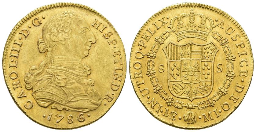 2519   -  CARLOS III. 8 escudos. 1786. Lima. MI. AU 27,1 g. 37,9 mm. VI-1613. Ligeras trazas de limpieza. R.B.O. EBC-/EBC. 