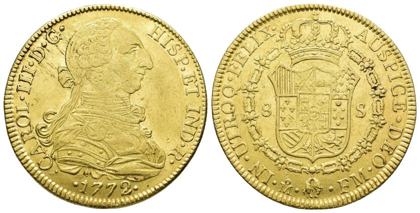 2524   -  CARLOS III. 8 escudos. 1772. México. FM. AU 27,07 g. 36,6 mm. VI-1648. Pequeñas marcas. R.B.O. MBC+. Escasa. 