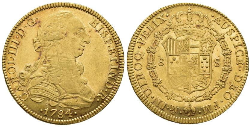 2528   -  CARLOS III. 8 escudos. 1784. México. FM. AU 27,06 g. 37,5 mm. VI-1662. Acuñación floja con vano en anv. R.B.O. MBC/MBC+.