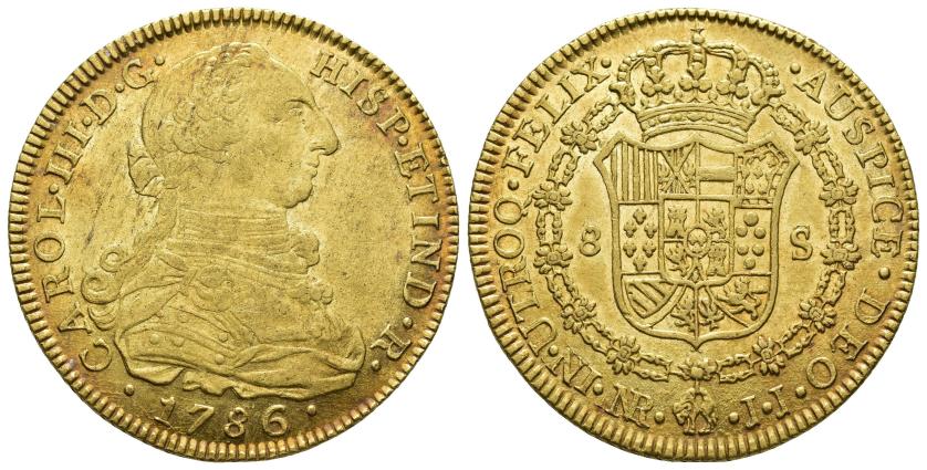 2531   -  CARLOS III. 8 escudos. 1786. Nuevo Reino. JJ. AU 27,02 g. 37,9 mm. VI-1697. Acuñación floja en anv. R.B.O. Ligera pátina rojiza. MBC+.