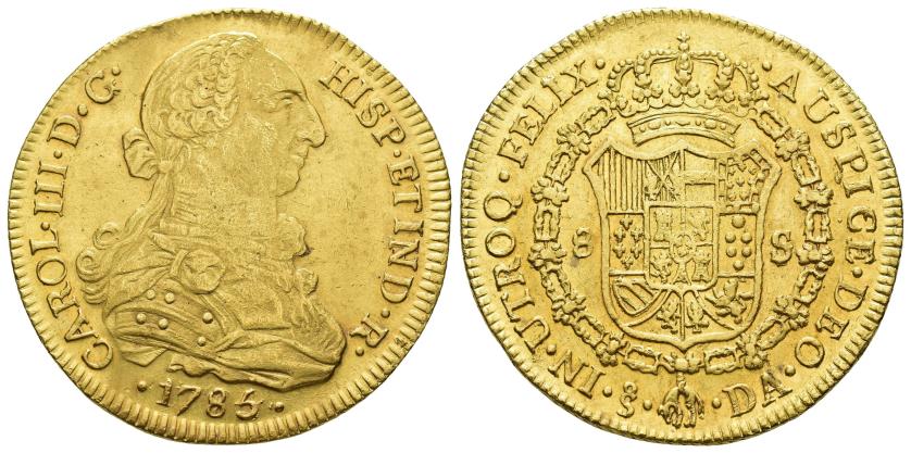 2542   -  CARLOS III. 8 escudos. 1785/4. Santiago. DA. AU 26,99 g. 38,2 mm. VI-1768. Ligeras trazas de limpieza. R.B.O. MBC/EBC-. Escasa. 