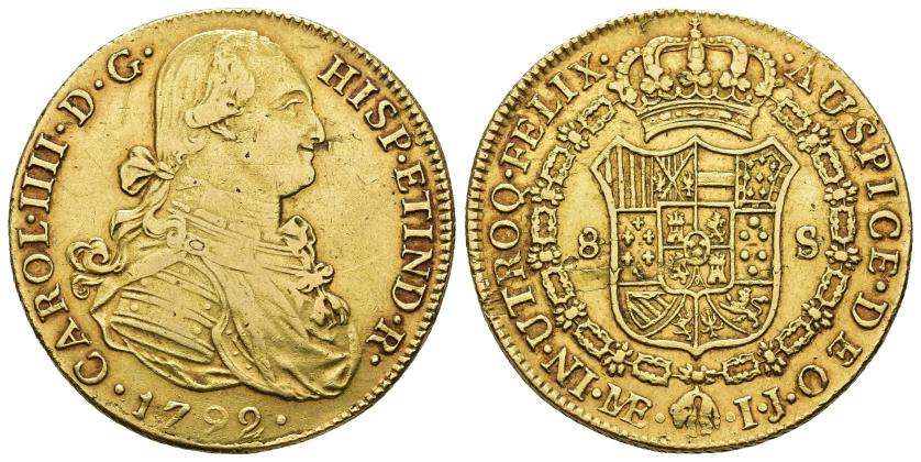 2553   -  CARLOS IV. 8 escudos. 1792. Lima. IJ. AU 26,93 g. 35,8 mm. VI-1298. Hojitas en anv. y hojas en rev. MBC.