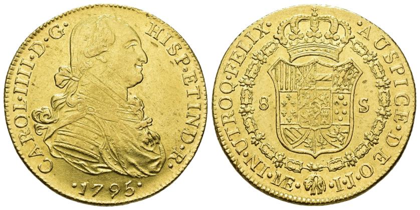 2554   -  CARLOS IV. 8 escudos. 1795. Lima. IJ. AU 27,02 g. 36,5 mm. VI-1301. Rayas de ajuste en anv. y rev. R.B.O. MBC+/EBC.