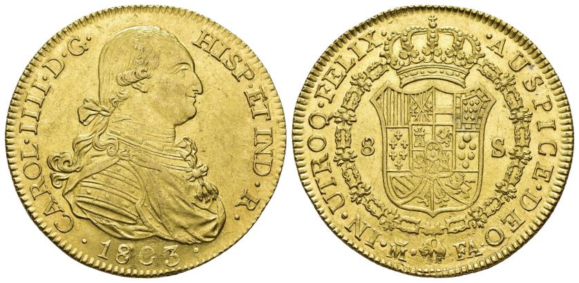 2556   -  CARLOS IV. 8 escudos. 1803. Madrid. FA. AU 27,04 g. 37,7 mm. VI-1322. Pequeños defectos de acuñación. R.B.O. EBC. Rara. 