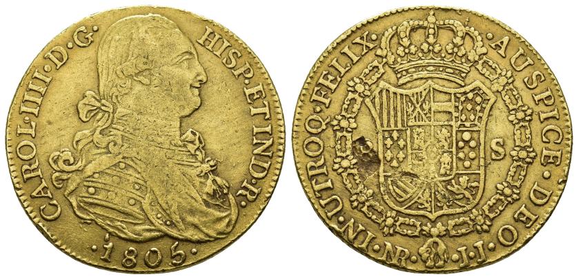 2563   -  CARLOS IV. 8 escudos. 1805. Nuevo Reino. JJ. AU 26,76 g. 35,8 mm. VI-1363. Hoja en rev. y 3 golpecitos en canto. MBC-. 