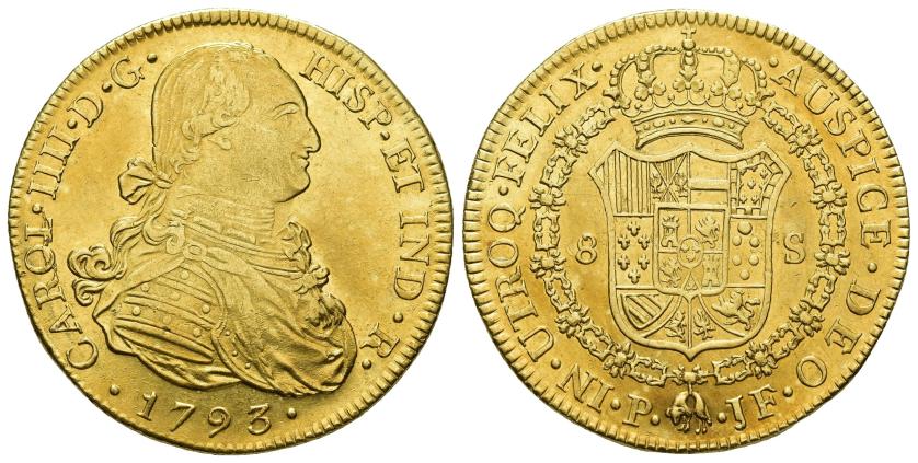 2568   -  CARLOS IV. 8 escudos. 1793. Popayán. JF. AU 26,96 g. 37,1 mm. VI-1373. R.B.O. EBC-/EBC. 