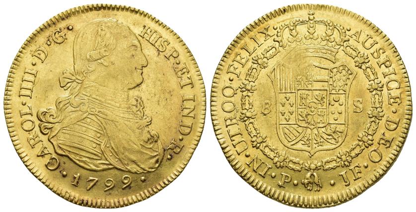 2571   -  CARLOS IV. 8 escudos. 1799. Popayán. JF. AU 27 g. 38,9 mm. VI-1379. Rayitas de acuñación en rev. Ligeras trazas de limpieza. R.B.O. MBC/EBC-. 