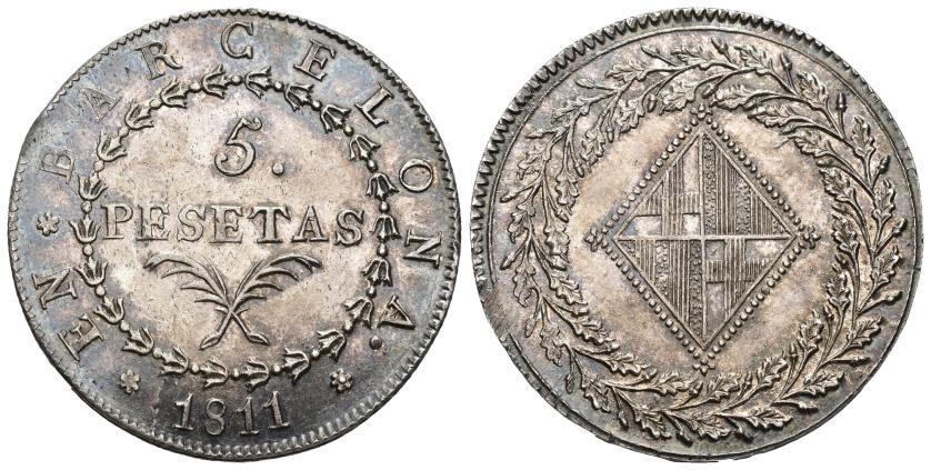 2592   -  OCUPACIÓN NAPOLEÓNICA DE CATALUÑA. 5 pesetas. 1811. Barcelona. AR 26,96 g. 39,1 mm. VI-36. EBC. Rara en esta conservación. 