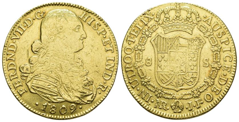 2606   -  FERNANDO VII. 8 escudos. 1809. Nuevo Reino. JF. AU 26,93 g. 36,4 mm. VI-1498. Múltiples golpecitos y rayitas. Limadura en canto. BC+/MBC-.