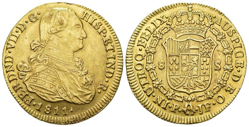 2610   -  FERNANDO VII. 8 escudos. 1811. Popayán. JF. AU 26,98 g. 37,7 mm. VI-1513. Ligeras trazas de limpieza. R.B.O. EBC-. 