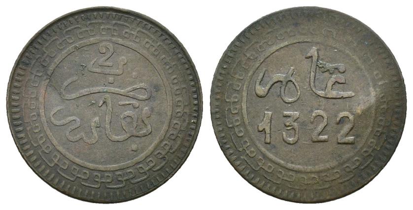 2696   -  MONEDAS EXTRANJERAS. MARRUECOS. 2 mazumas. 1322 H. Fez. CU 2,11 g. 20,1 mm. Y-15.2 Golpe en rev. MBC. Escasa.