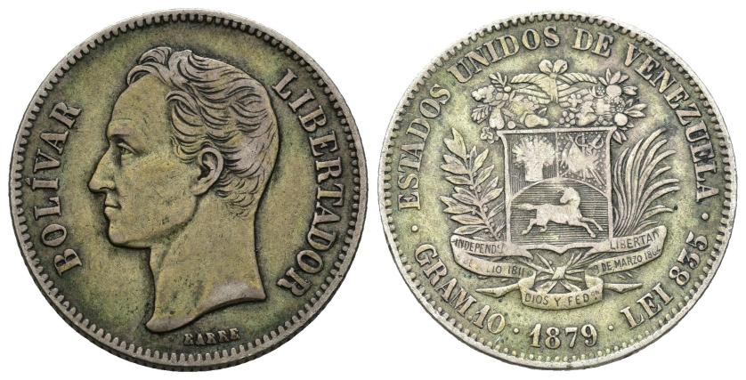 2721   -  MONEDAS EXTRANJERAS. VENEZUELA. 2 bolívares. 1879. AR 9,94 g. 27 mm. KM-15. MBC-.