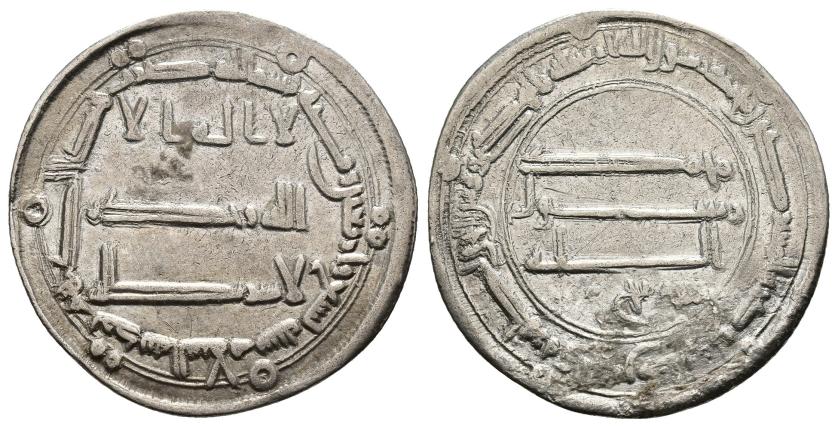 1006   -  CALIFATO ABBASÍ. ABD ALLAH AL-MANSUR  (136-158/754-775). Dírham. Medina al-Salam. 149 H. AR 2,73 g. 25 mm. Nützel-661; SICA 3-1561. Concreciones. MBC.