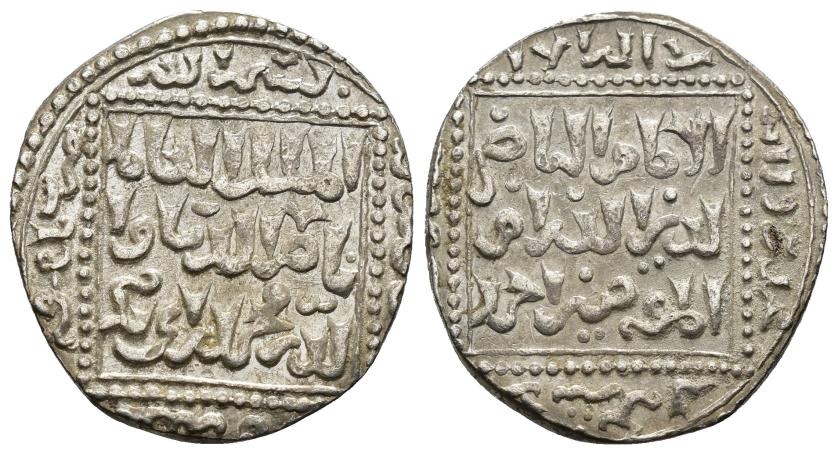 1059   -  AYYUBÍES, SULTANATO DE EGIPTO. MUHAMMAD B. SAYF AL-DIN AHMAD ABU-L-MA'ALI NASIR AL-DIN AL-MALIK AL-KAMIL (615-636/1218-1238). Dírham. Damasco. 618 H. AR 2,98 g. 21 mm. Balog 1980-430. MBC+.