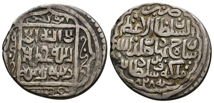 1216   -  TIMURÍES. SAH RUJ IBN TIMUR (807-850/1405-1447). Tanka. Yazd. 828 H. AR 5,1 g. 23 mm. Mitchiner 1977-1933 var.; Wilkes 1-2310 var. MBC.