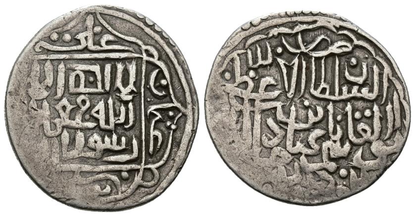 1219   -  TIMURÍES DEL JORASAN. ABU'L-QASIM BABUR (851-861/1447-1456). Tanka. Sin ceca. Sin fecha. AR 5,1 g. 24 mm. Tipo Wilkes 1-2319var. Leves vanos. MBC.