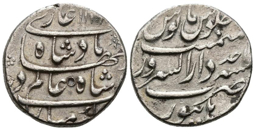 1238   -  MOGOLES. QUTB AL-DIN  SAH 'ALAM BAHADUR SAH (1119-1124/1707-1712). Rupia. Burhanpur. 1119 H. AR 11,46 g. 24 mm. KM#356.3. Punzón. EBC-.