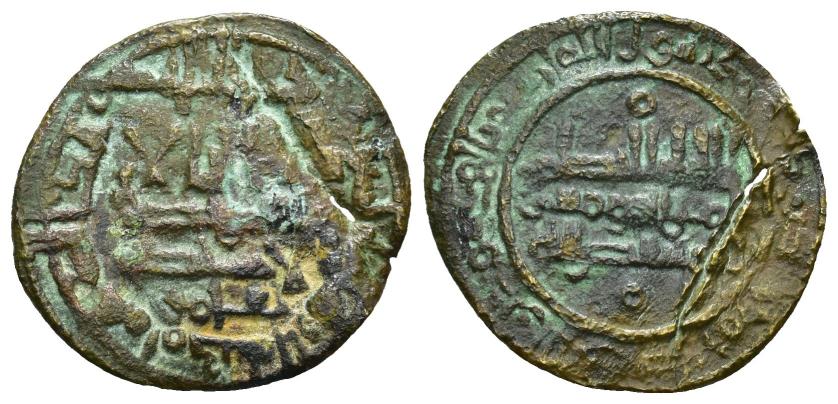 248   -  CALIFATO. AL-HAKAM II (961-976).  Dírham. Medina al-Zahra. 359 H. CU 2,36 g. 22 mm. Cobre tipo V-460. Falsa de época. Rayas. MBC-.