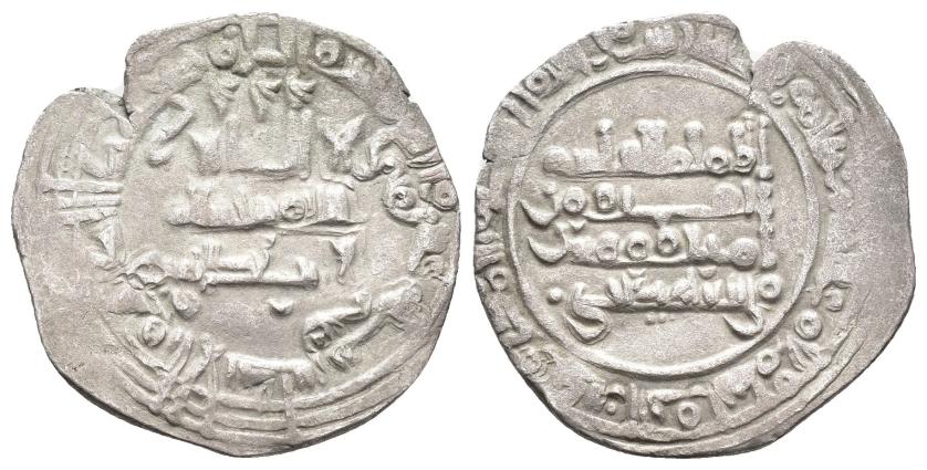 359   -  CALIFATO. AL QASIM AL-MAMUN (1017-1023). Dírham. Al-Andalus. 410 H. AR 3,88 g. 24,5 mm. V-742; PV-69b. Cospel abierto. MBC.