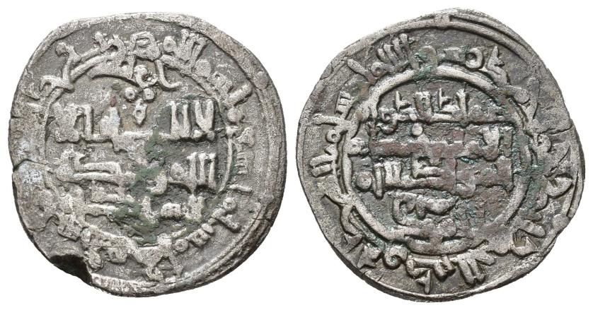 455   -  REINOS DE TAIFAS. TAIFA DE ZARAGOZA. REINOS DE TAIFAS. TAIFA DE ZARAGOZA. IMAD AL-DAWLA AHMAD I AL-MUQTADIR B. SULAYMAN (441-475/1049-1082). Dírham. Zaragoza. 449 H. VE 5,07 g. 24 mm. V-1186; PV-267c. MBC-/MBC. Muy escasa.