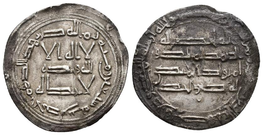 53   -  EMIRATO. ABD AL-RAHMAN I (755-788). Dírham. Al-Andalus. 170 H. AR 2,6 g. 27 mm. V-68. Manchas de óxido. MBC.