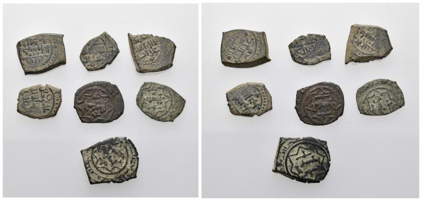 541   -  REINOS DE TAIFAS. TAIFA DE BADAJOZ. UMAR AL-MUTAWAKKIL B. MUHAMMAD B. 'ABD ALLAH (460-487/1067-1094). Lote de 7 fragmentos de dírham. Sin ceca. Sin fecha. PVSup-147; FrHand-44, 45-47. BC+/MBC. 