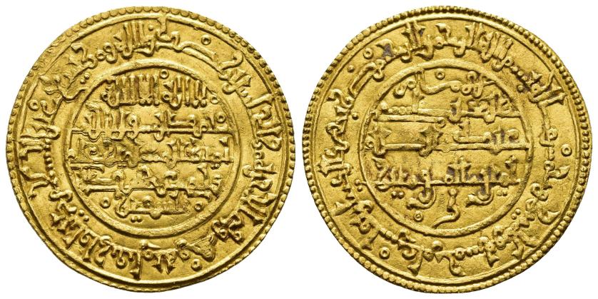 642   -  ALMORÁVIDES. ALI B. YUSUF CON HEREDERO TASUFIN (533-537/1139-1143). Dinar. Medina Fez. 535 H. AU 4,14 g. 27 mm. V-1807. EBC-.