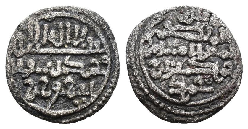 707   -  TAIFAS ALMORÁVIDES. SIDRAY IBN WAZIR AL-QAYSI (539-552/1144-1157). Reconociendo a Hamdin de Córdoba. Quirate. Sin ceca. Sin fecha. AR 0,79 g. 11 mm. V-1909; Kassis 9; B.Hb6. MBC-. Rara.