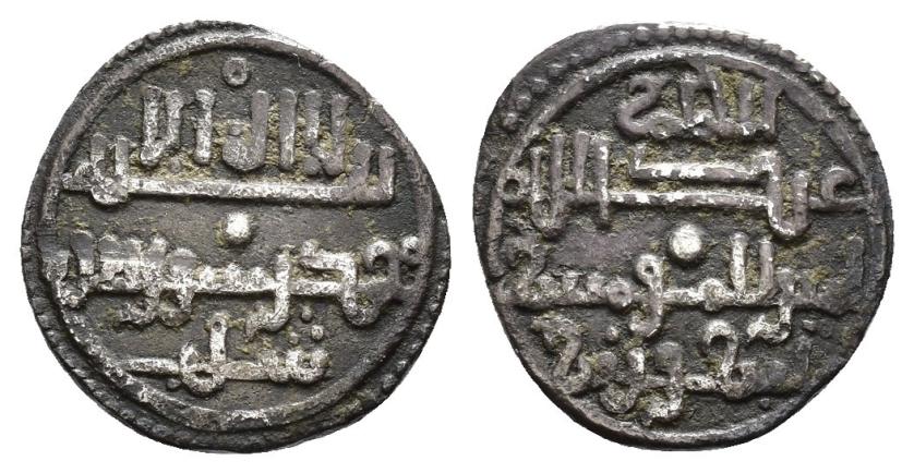 709   -  TAIFAS ALMORÁVIDES. SIDRAY IBN WAZIR AL-QAYSI (539-552/1144-1157). Reconociendo al califa 'Abbasí (1146). Quirate. Silbes / شلب. Sin fecha. AR 0,74 g. 12 mm. V-no; B-Hc2. MBC. Rara.